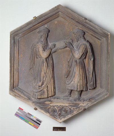 Geometry or Arithmetic, hexagonal decorative relief tile from a series depicting the Seven Liberal Arts, possibly based on designs by Giotto, c.1334-48 by Andrea Pisano